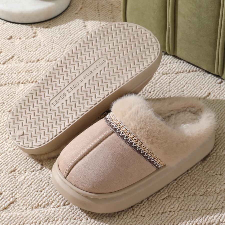 Crestar Fur Plush Women Slippers Indoor Warm Thick Soles Fluffy Female House Slippers Winter Fashion Non-slip Fuzzy Cotton Shoes