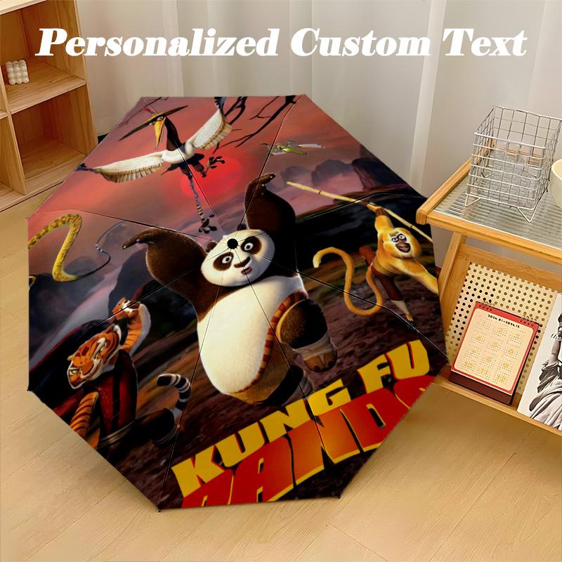 Windproof Folding Umbrella, 8‑Rib Auto Open Close Kung Fu Panda Umbrella for Rain Sun Protection