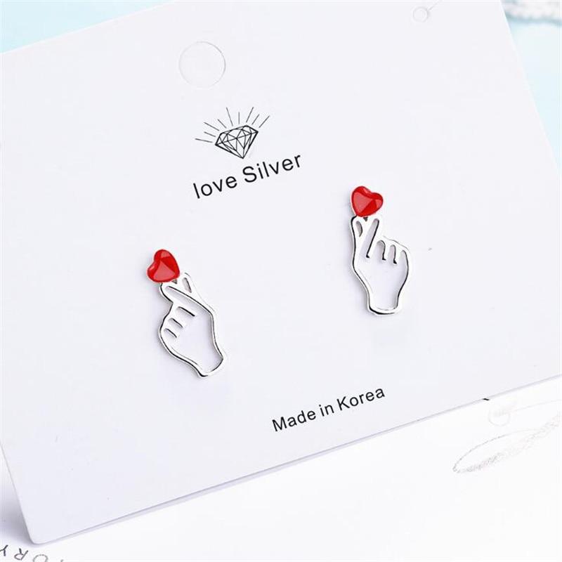 Neue Kreative Rote Liebe Hand 925 Sterlingsilber Schmuck Mode Exquisite Herzförmige Persönlichkeit Geste Ohrstecker Xze021