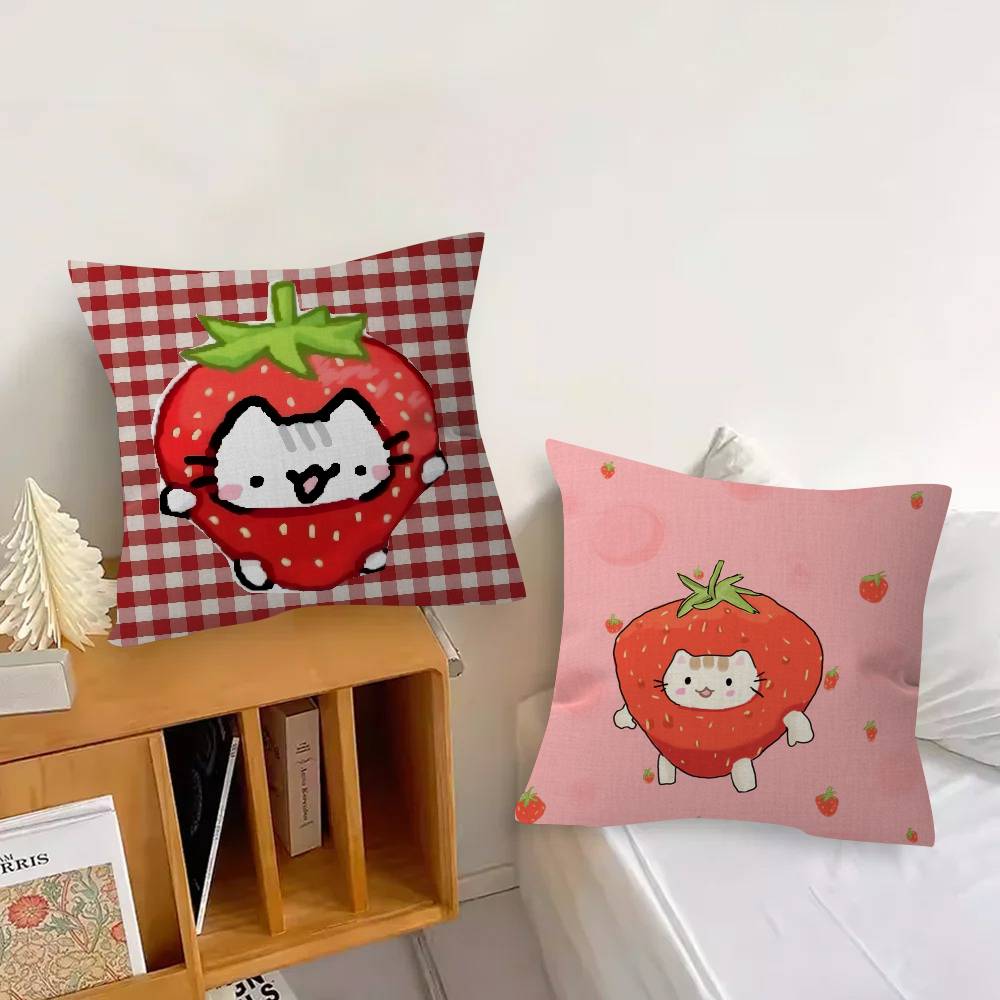 Cute Strawberry Cat   Personalized Pillow Cover Kids Bedroom Wild Party Decor Pillowcase kid Birthday shower Gift