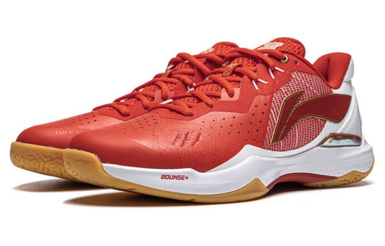 Li Ning Textile, Synthetic Leather Cushioning Slip Resistant Low Top Badminton Shoes Unisex Red AYZU011-1