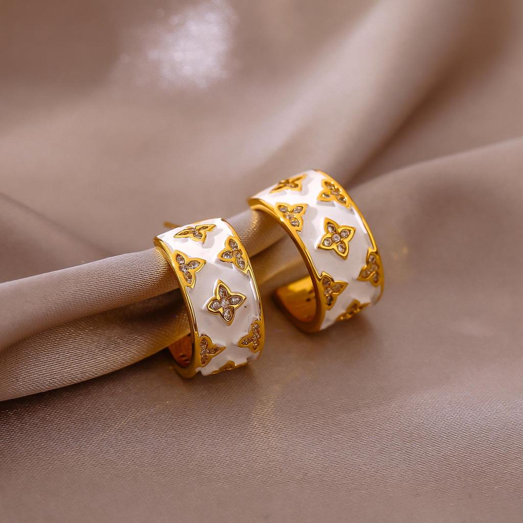 Elegant Four-Leaf Clover Zircon-Encrusted Hoop Earrings - Luxury Vintage European & American Design