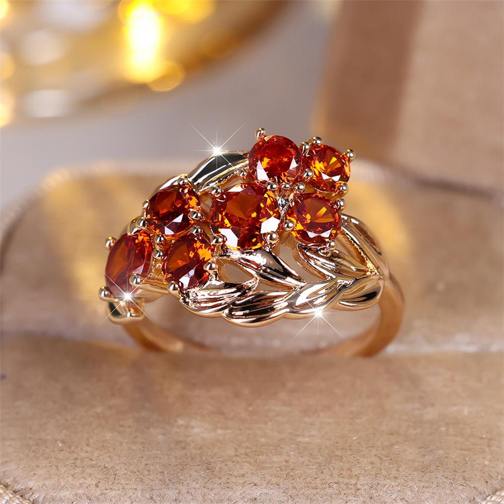 

Luxury Female Red Round Tree Leaf Zircon Stone Ring Dainty Gold Color Wedding Jewelry For Women 6