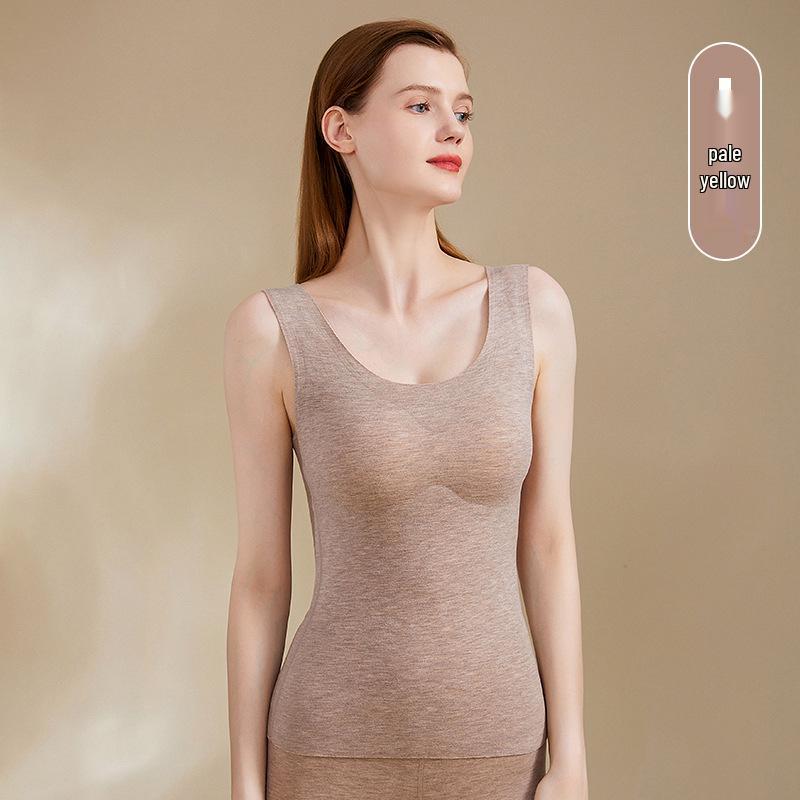 Damen Kaschmir Seide Nahtloses Westen- & Lange Unterhosen Set mit eingebautem BH - Fleece gefüttert und dick für den Herbst