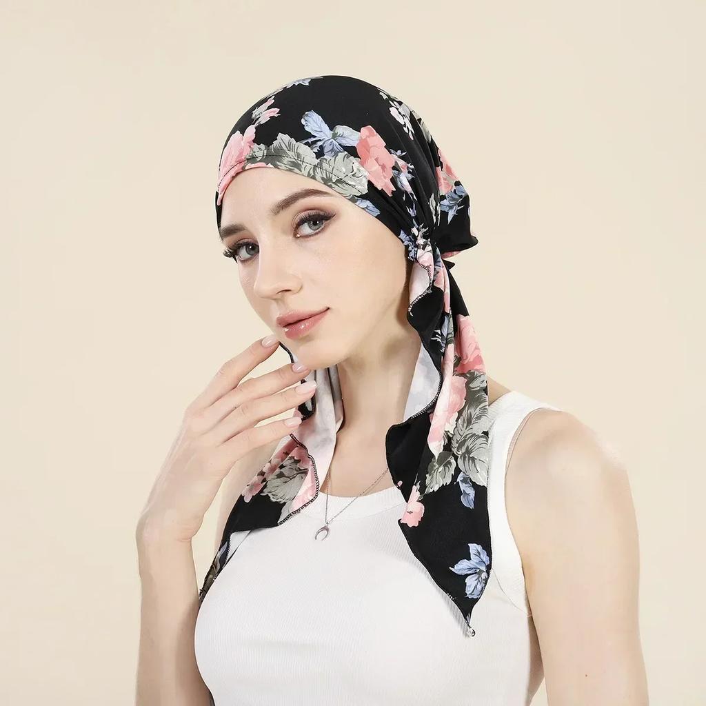 New Shimmer Pre-Tied Hat Women Muslim Hijab Turban Long Tail Headscarf Beanies Bonnet Hair Loss Chemo Cap Head Wrap Bandanas