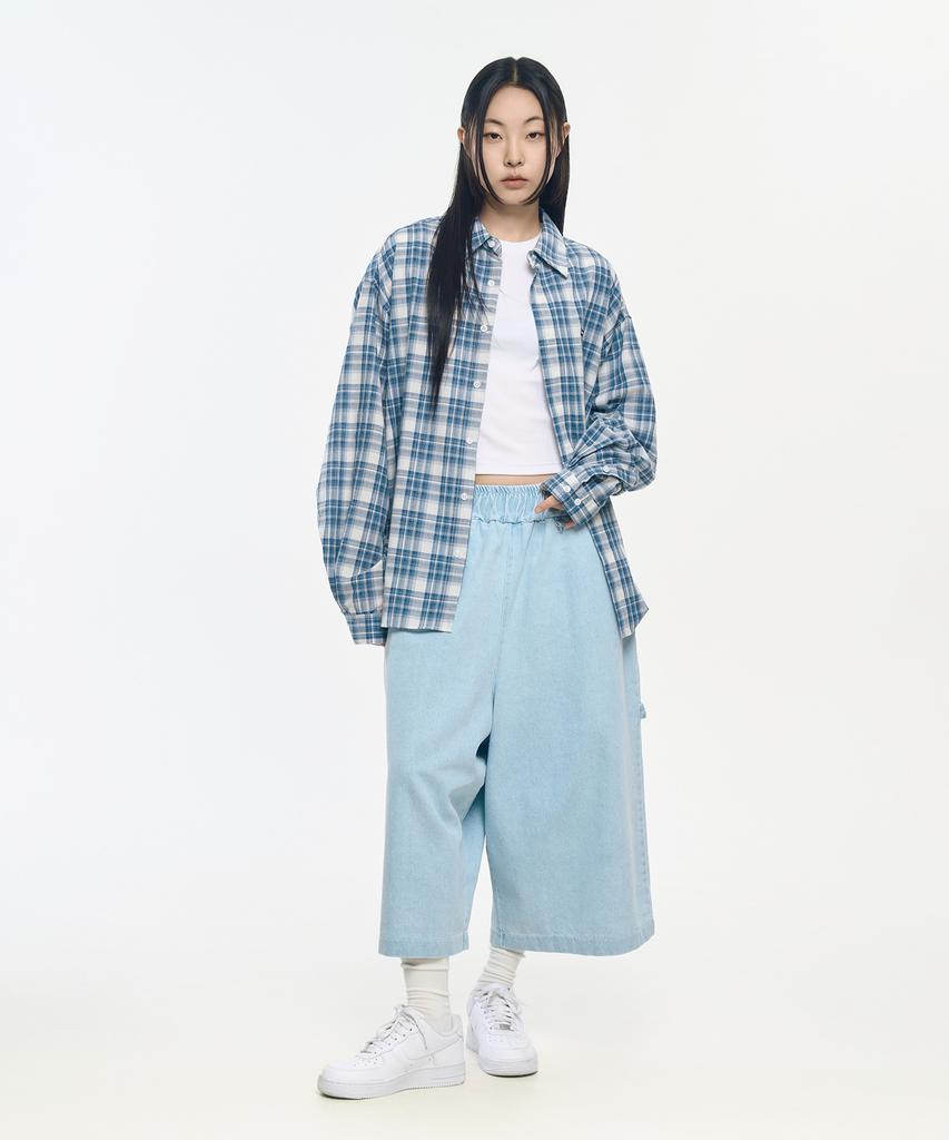 SLOW RECORD HOUSE Seersucker Oversized Check Shirt_Blue