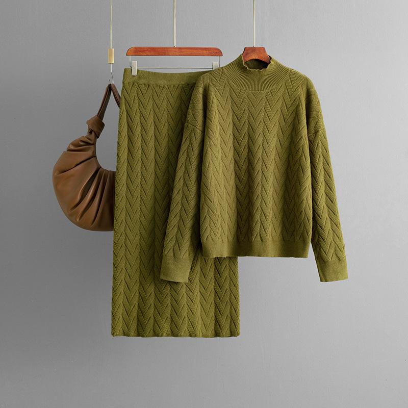 Autumn and winter new jacquard semi-turtleneck long-sleeved knitted sweater pullover + skirt two-piece set