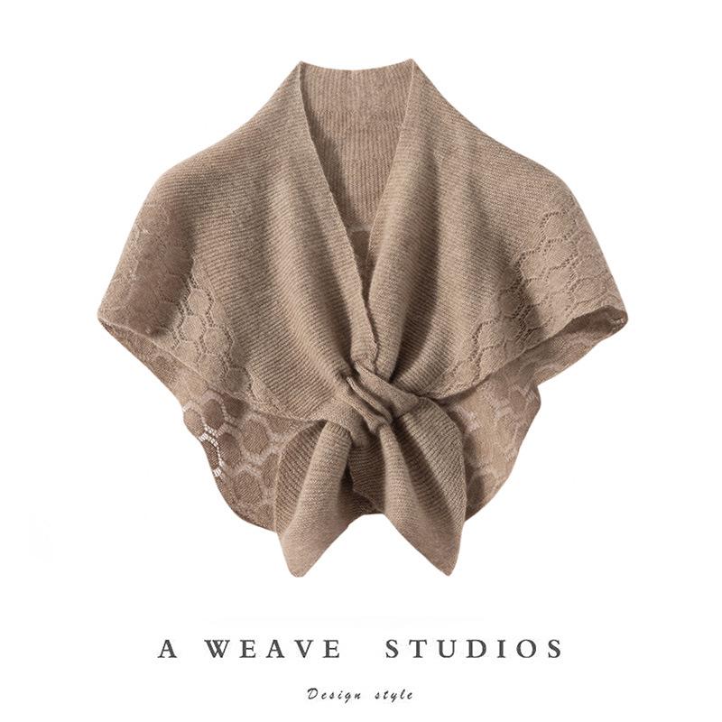 European Style 100% Pure Cashmere Knit Hollowed Small Travel Shawl for Autumn/Winter