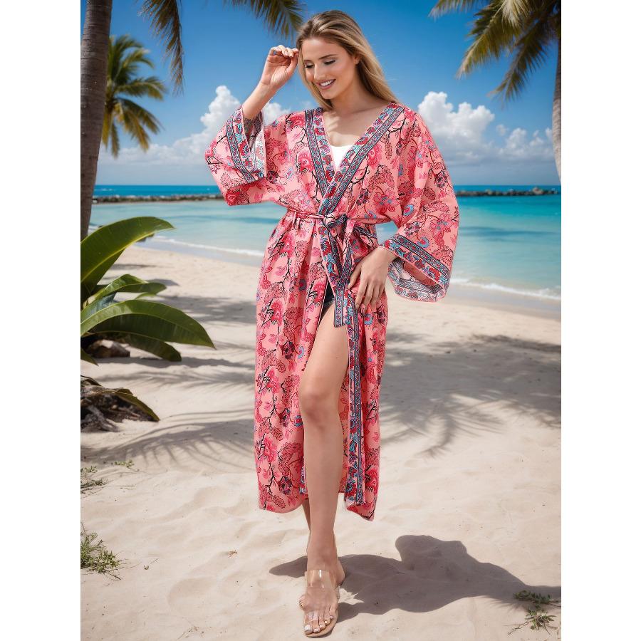 Women's Viscose Printed Kimono Cardigan Loose Long Beach Cover Up Robe, Flowy Open Front Shirt for Vacation 0981