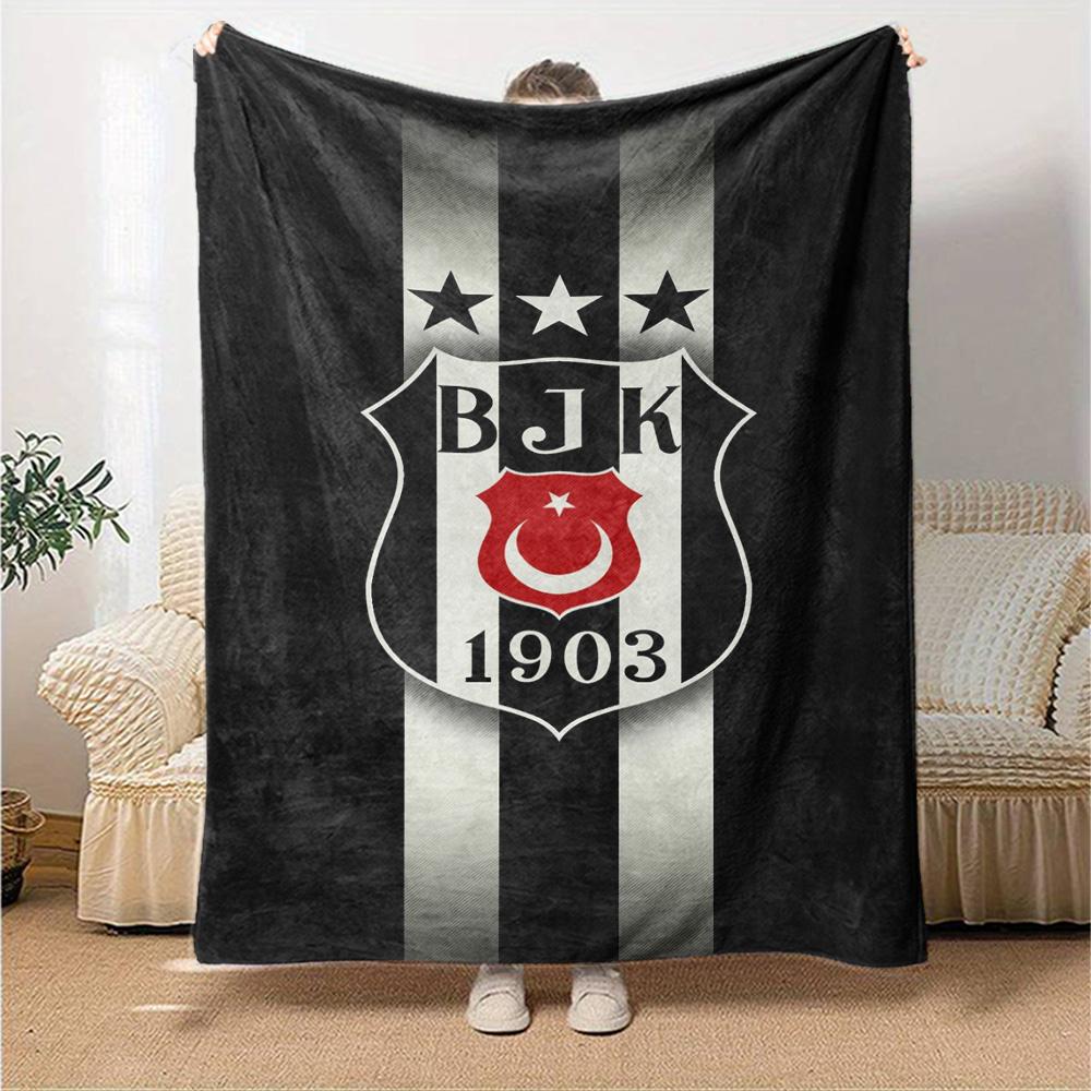 Black White Vertical Stripe Football Club Badge Print Flannel Throw Blanket, Soft Warm Cozy Bed Sofa Cover for Home Decor