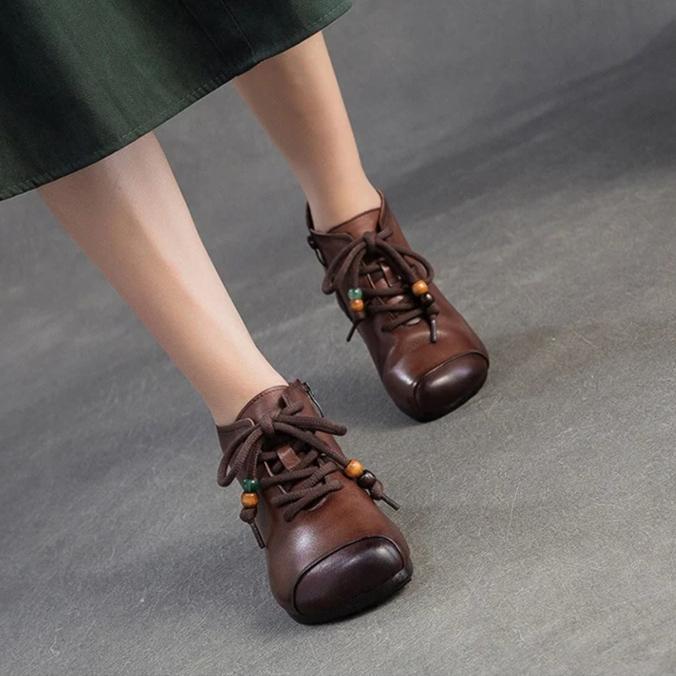 Johnature Retro Round Toe Genuine Leather Ankle Boots Versatile Soft Soled Comfortable Women's Shoes