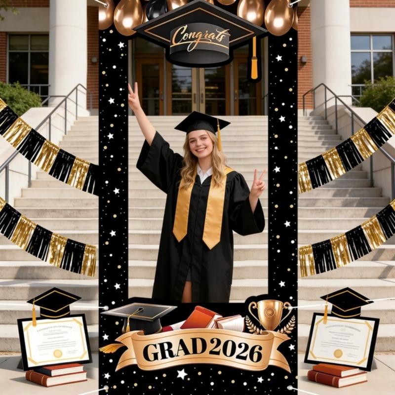 Black Gold Graduation Backdrop 2026 Banners With Star And Balloons Motifs Background For Photo Decorations 60X120CM