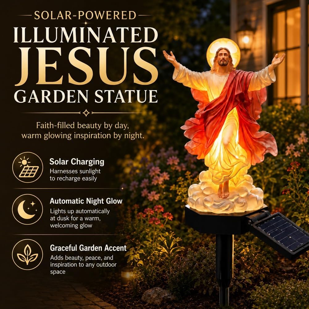 Statua Solare Illuminata di Gesù Cristiano per Giardino Statuetta Impermeabile a LED per Cortile Giardino Patio Prato Decorazione Esterna Illuminata