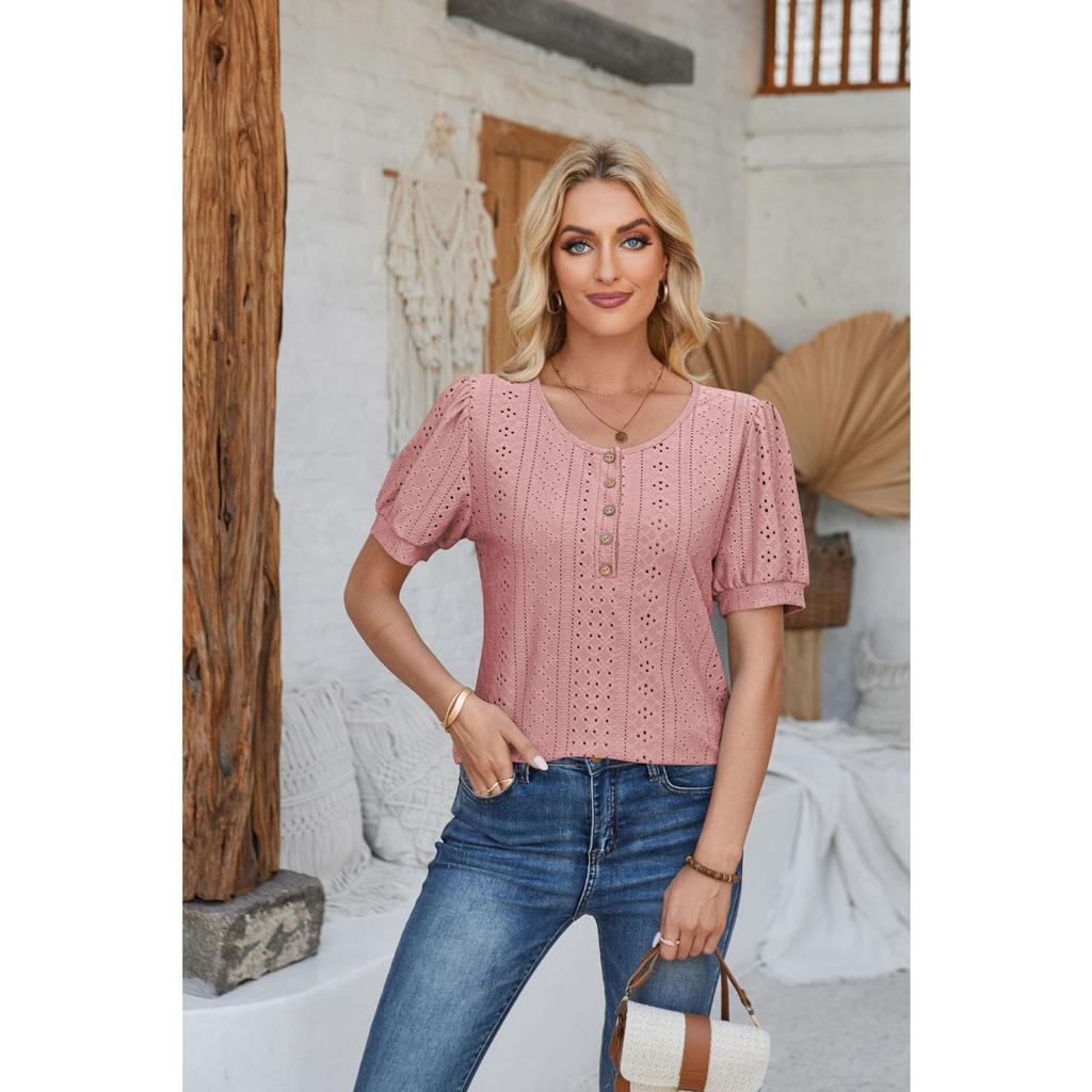 GMXIA Women's Spring Summer Buttoned Round Neck Puffy Sleeve Loose Solid Color T-shirt