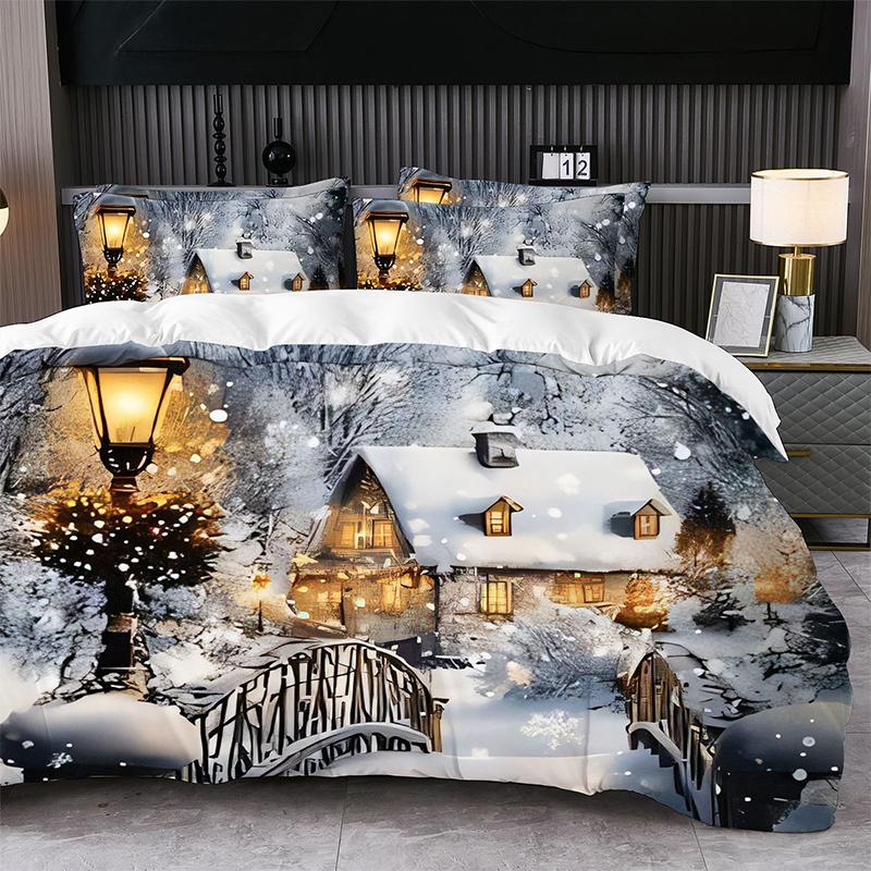 Christmas-themed Printed Duvet Cover and Pillowcase Set Santa Claus Reindeer Sleigh Christmas Tree Snowflakes 2pcs/3pcs Bedding