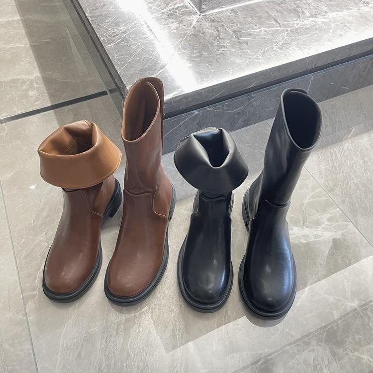 

Sheepskin version~ Korean version of the rear split flip-top medium boots retro leather versatile flat leather boots Martin boots short boots 40