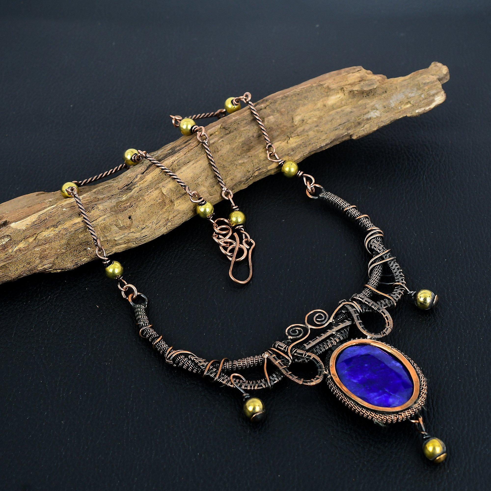 

Ожерелье с синим сапфиром, Ожерелье из драгоценных камней ручной работы, Ожерелье, обернутое медной проволокой 999 пробы, Антикварное украшение, Для подарка на помолвку