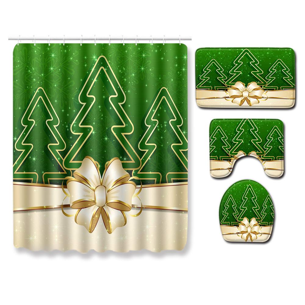 Christmas Four-Piece Shower Curtain Combination Floor Mat Set Bathroom Non-Slip Door Mat Absorbent Carpet