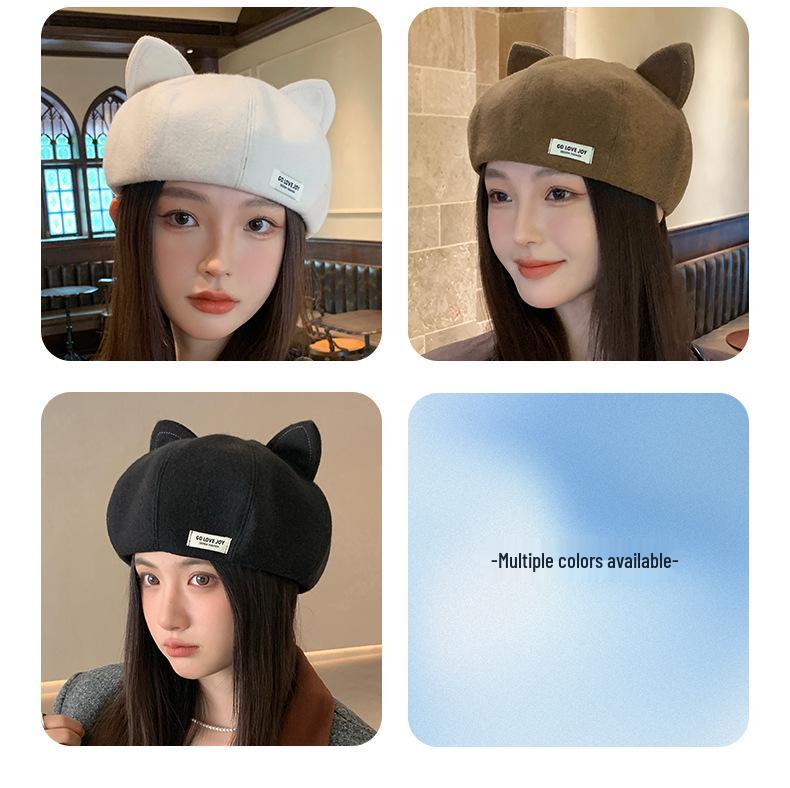 Korean Style Cute Cat Ear Beret - Casual, Versatile, Slimming, Large Head Circumference