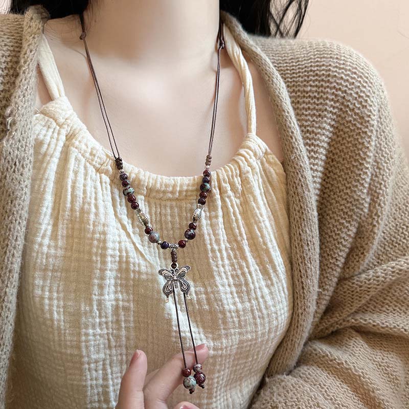 Vintage Ceramic Butterfly Pendant Necklaces for Women New Chinese Ethnic Style Long Adjustable Handmade Beaded Necklaces Zircon