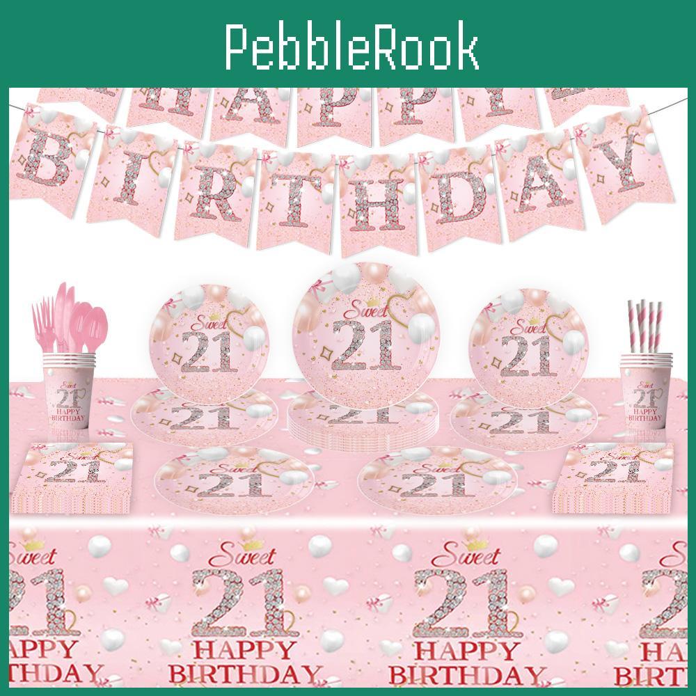 Pink 21st Birthday Party Decorations Disposable Tableware With Cute Striped Straws And Utensils