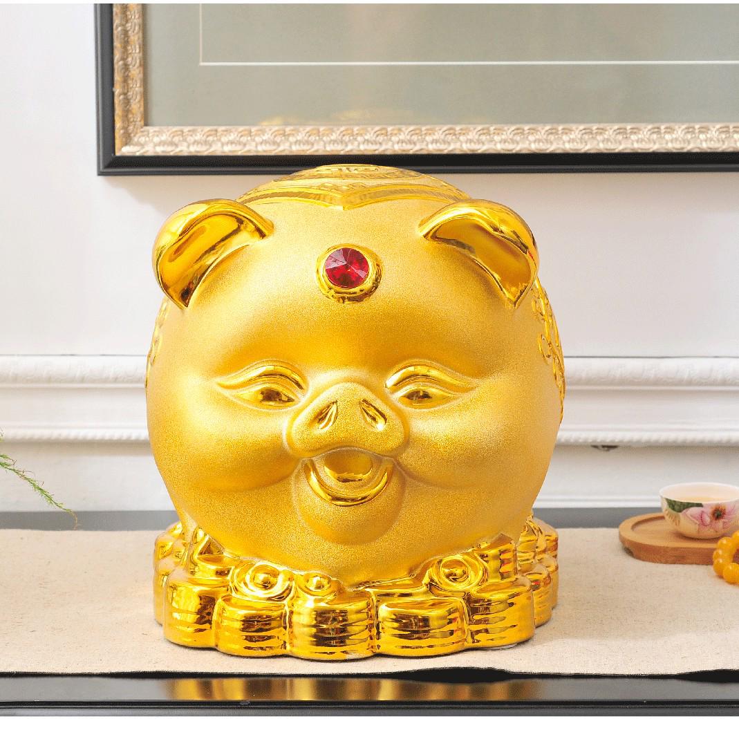 Golden Ceramic Lucky Pig Money Box - Handmade White Porcelain Ornament for Business Prosperity and Gifts 22 x 18 x 18 cm жёлтый