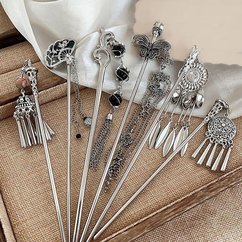 Chinese Style Butterfly Fan Tassel Hair Stick For Women Vintage Metal Hanfu Chopstick Hair Sticks Hair Accessories