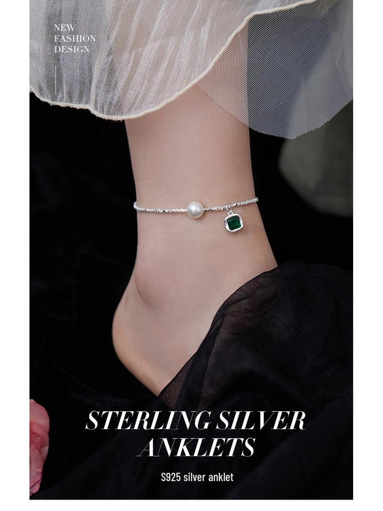 Banyan Tree S925 Silver Luxury Square Bead Anklet - High-End Women's Emerald Foot Jewelry