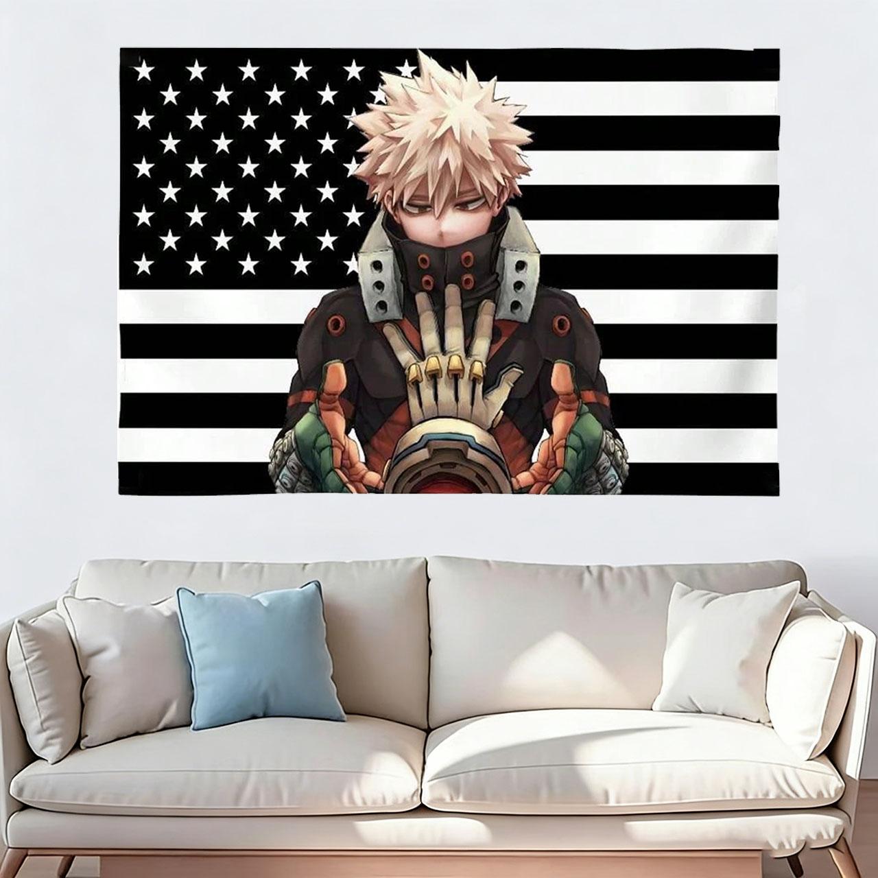 My Hero Academia Bakugo Katsuki Black & White American Flag Tapestry, Anime Wall Hanging for Bedroom Dorm Otaku Decor 100X70CM