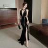 Spice Girl Velvet Hollow Dress Temperament Slim Waist and Thin Backless Splicing Hem High Split Skirt