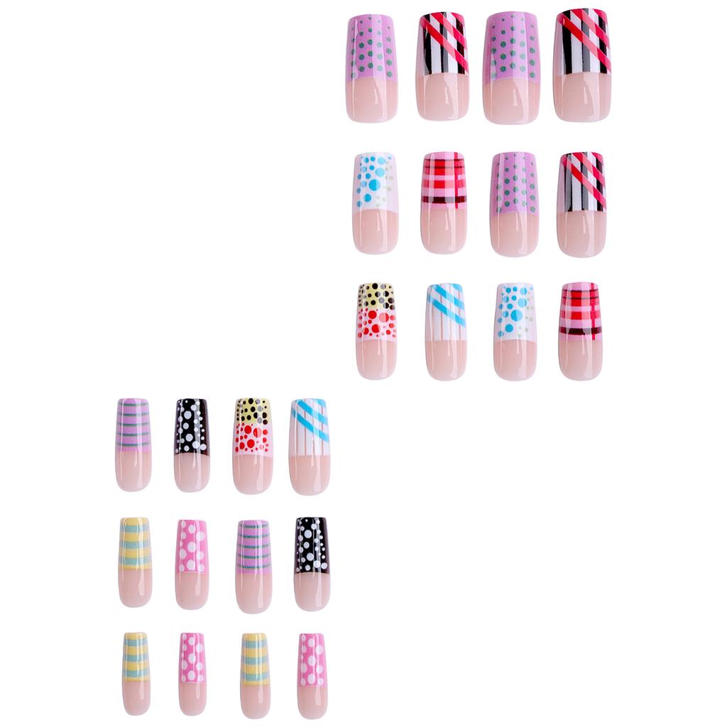 Polka Dot Lines Pink Square False Nails 24 Pieces Fashionable Design For DIY Manicure