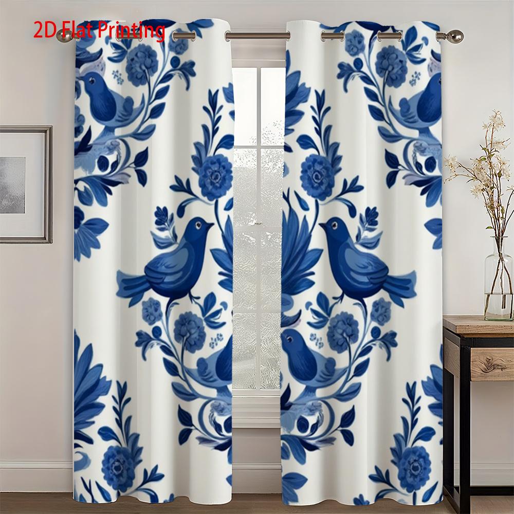 2pcs Blue & White Floral Bird Pattern Curtains - 2D Flat Printing   Semi-Transparent Polyester Fabric   Grommet Top for Easy Hangi