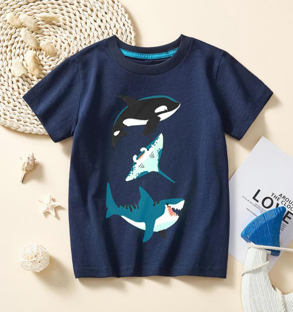2024 Ocean Shark Boys' Cartoon Round Neck T-Shirt, Short Sleeve, Summer Collection