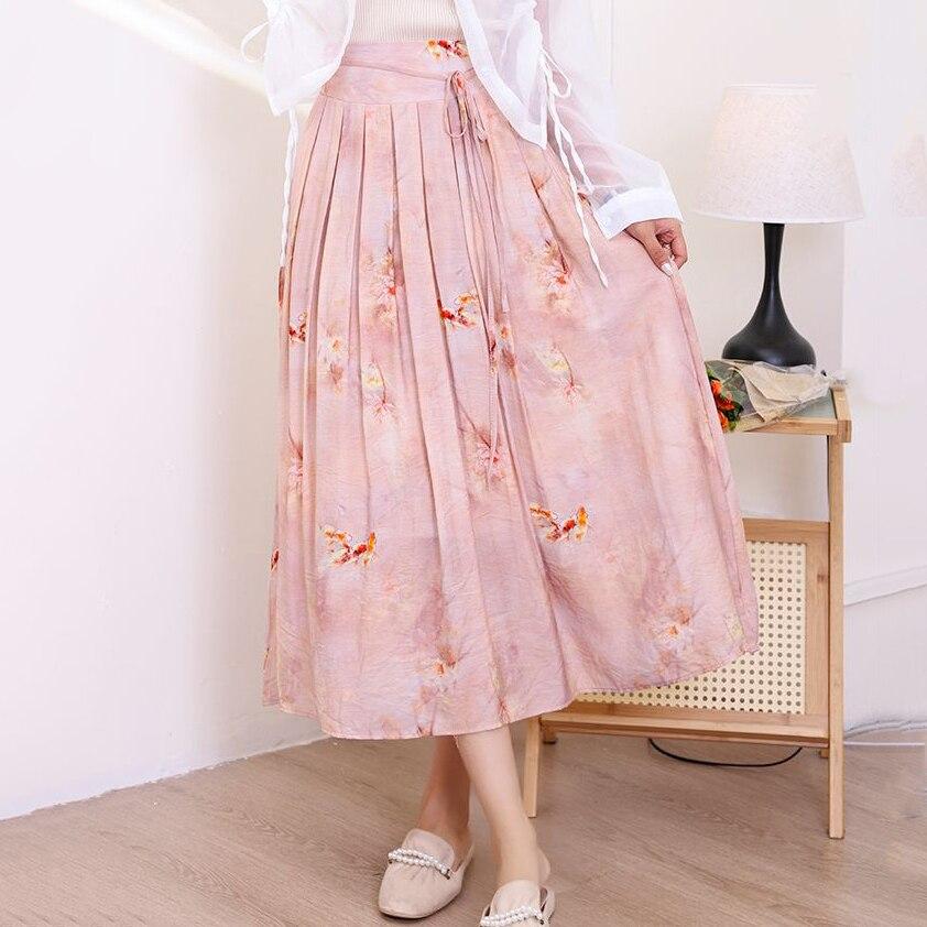 Qooth Hanfu waist wrap skirt  Cotton Linen Printed Pleated Skirt Elegant Vintage Skirt QT2187