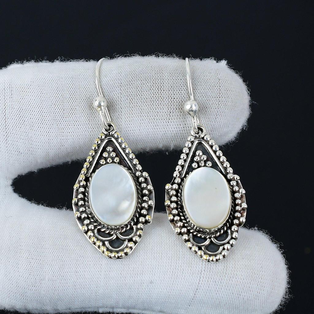 Natural Mother Of Pearl Gemstone Earrings, 925 Sterling Silver Earring, Handmade Boho Silver Jewelry Dangle Earrings, Thanksgiving Gifts