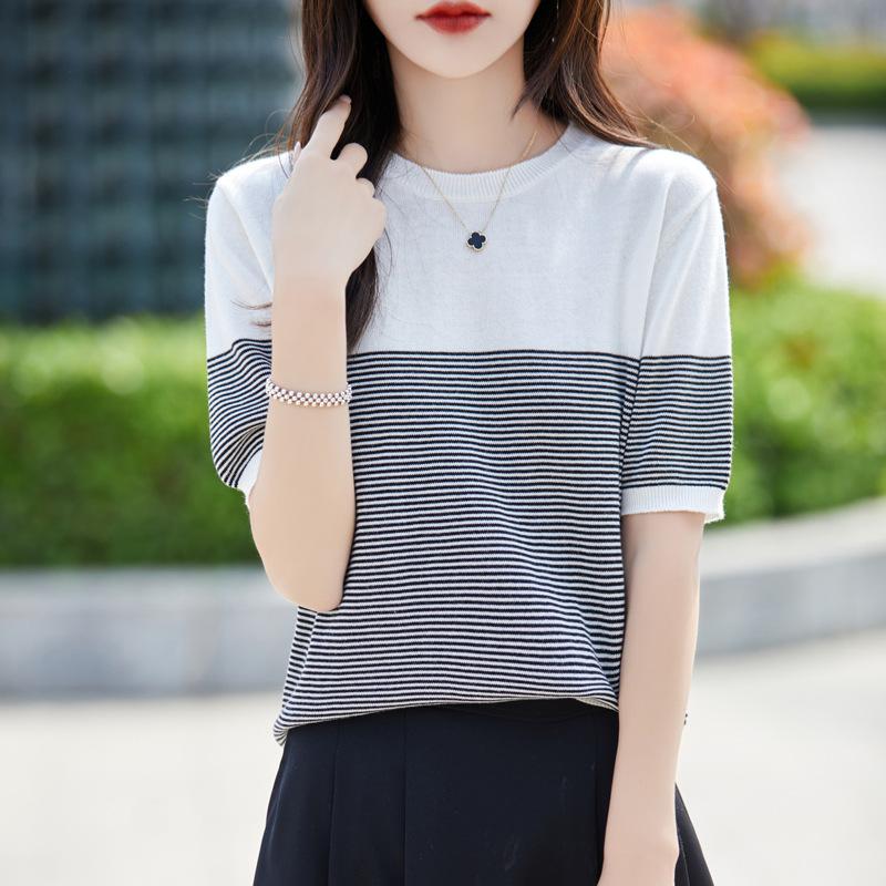 Contrast Color Striped Pure Cotton Women's T-shirt Summer Lazy Style Versatile Fitted Round Neck T-shirt Color Block Fashionable Sweater Top
