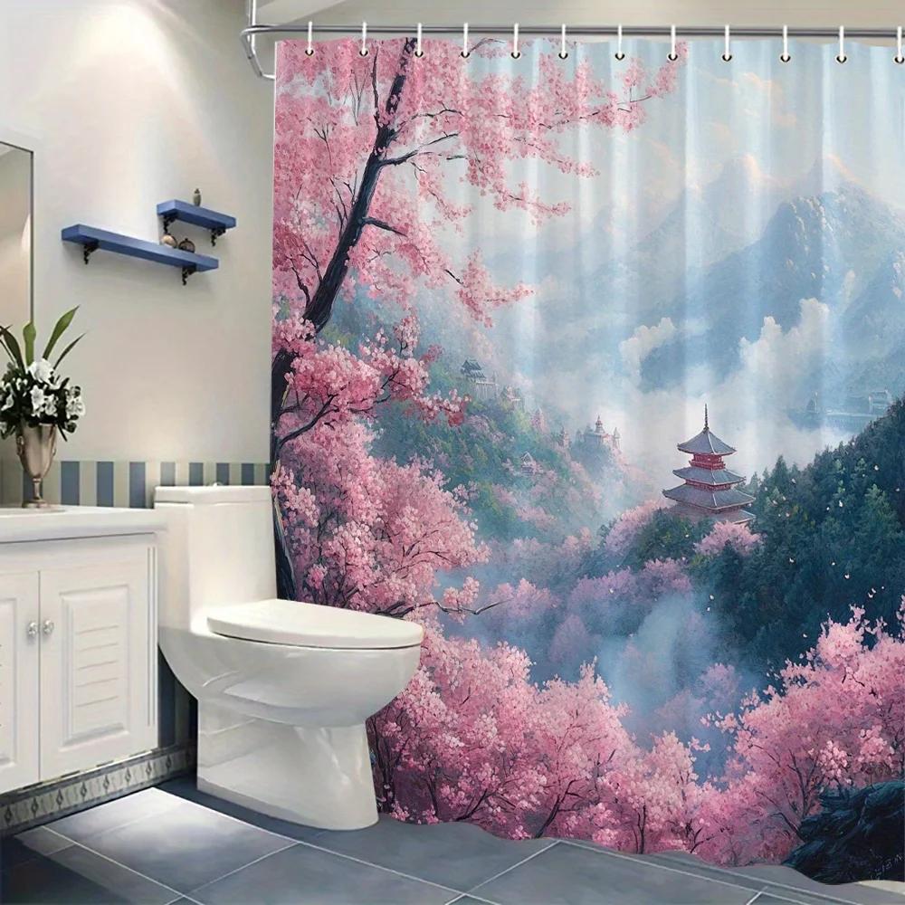 Misty Cherry Blossom Pagoda Shower Curtain - Japanese Landscape with Pink Blossoms, Snowy Mountains, Ethereal Design, 12 Hooks