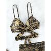 European and American sexy bikini swimsuit three-piece mesh skirt cross strap black gold print gathering split swimsuit