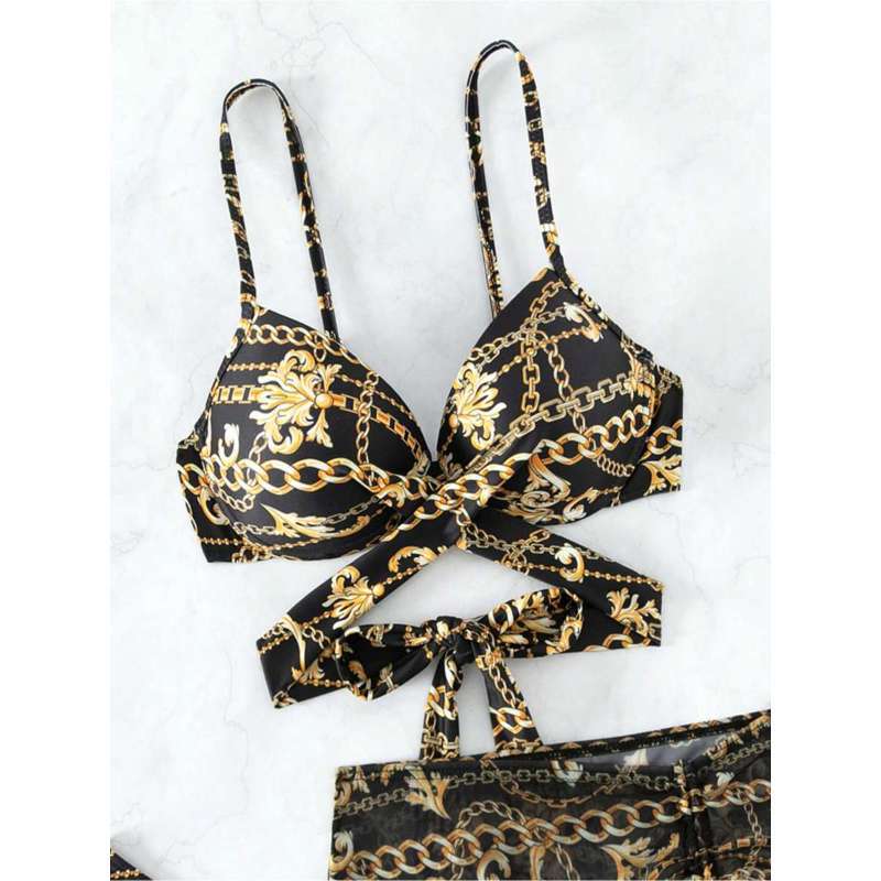 European and American sexy bikini swimsuit three-piece mesh skirt cross strap black gold print gathering split swimsuit
