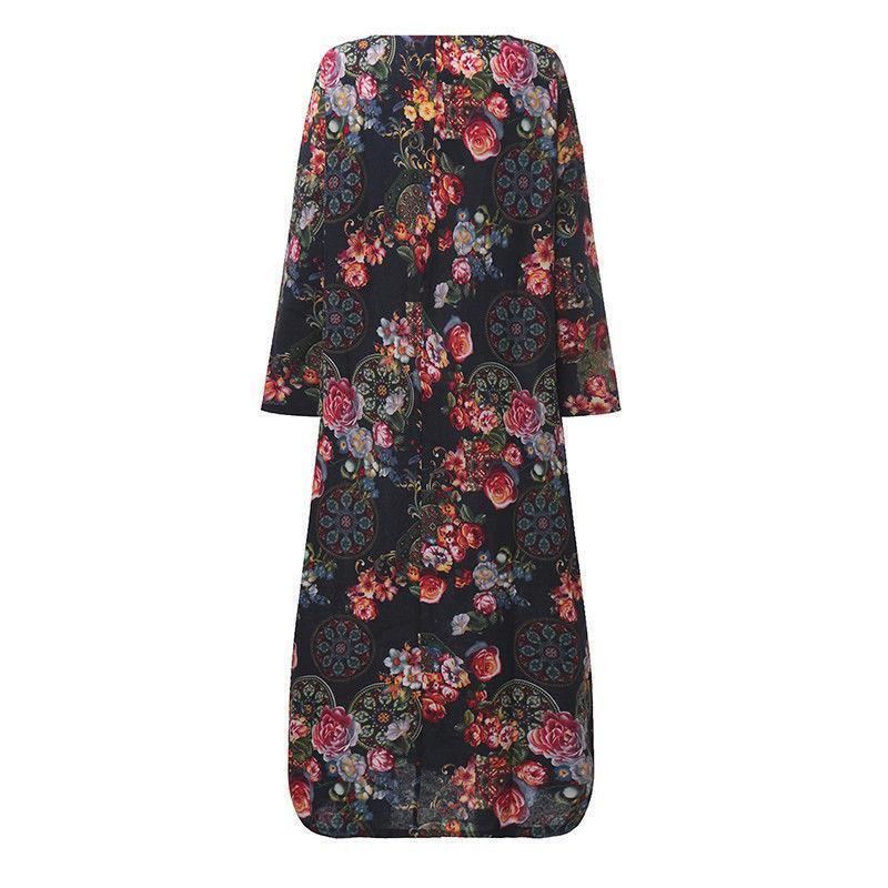 Women Vintage Casual Floral Printed Loose Dress Kaftan Long Maxi Shirt With Timeless Design