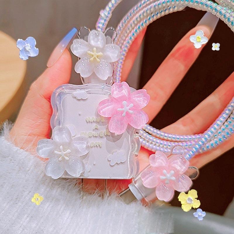 Flower Transparent Usb 20W Phone Charger Protective Case With Cable Winder Cover For Iphone Power Adapter Protector