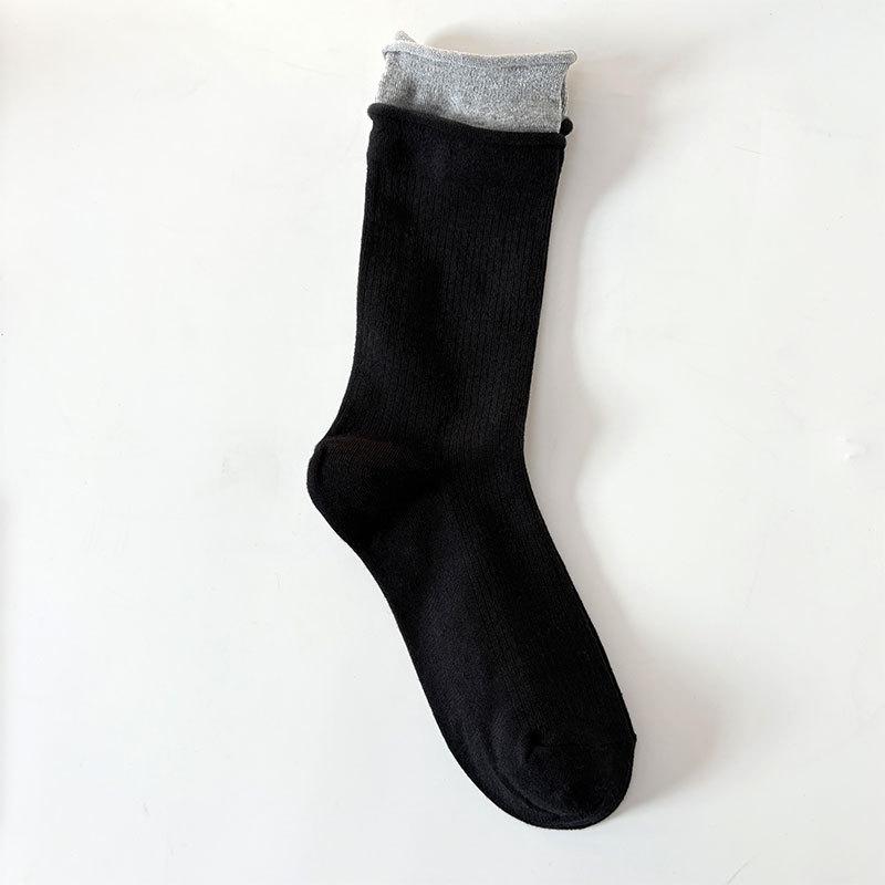 

Осенне-зимние носки Ankela с цветовой блокировкой красного цвета, с двойной отворотом, женские носки до середины икры, модные носки, носки Dui Dui, модные хлопковые носки 1 pair чёрный