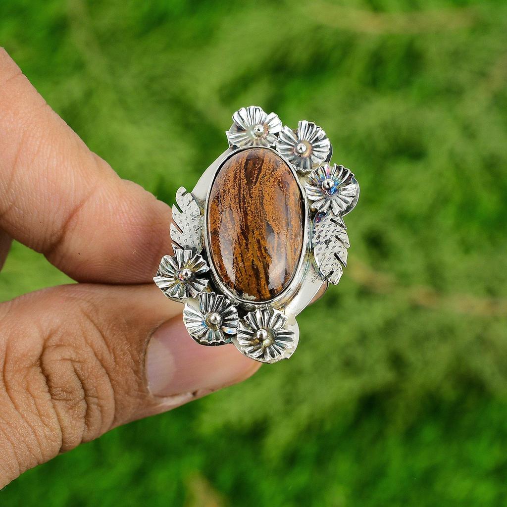 Natural Golden Pietersite Multi Stone Flower Adjustable Ring 925 Silver