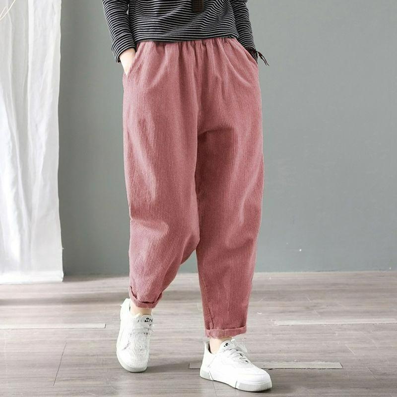 Corduroy Pants Women's Autumn and Winter Loose Large Size Plus Velvet Thickened Radish Velvet Casual Harlan Trousers