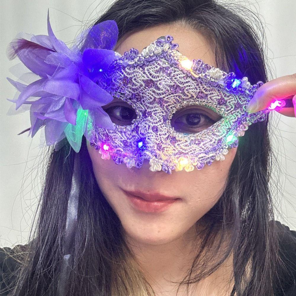 Half Face Mask Feather Flower Mask Plastic Venice Masquerade Mask Nightclub LED Glowing Mask Women