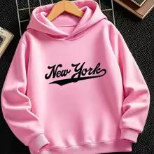 Felpa con cappuccio vintage con lettera New York per bambini, felpa casual larga con cappuccio per bambini