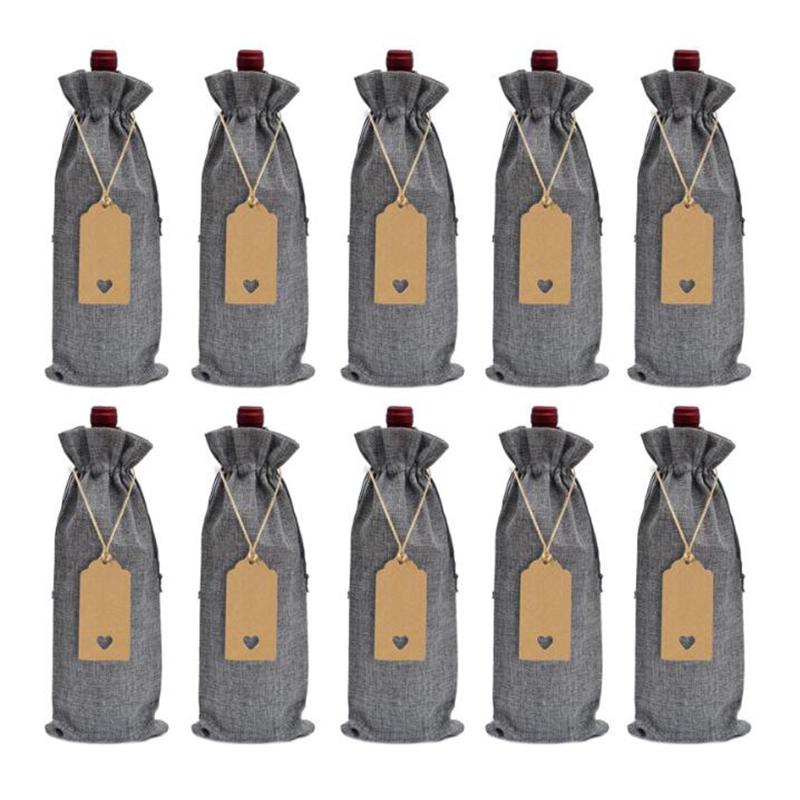 10Pcs Rustic Jute Burlap Wine Bags Drawstring Wine Bottle Covers Reusable Bottle Wrap Gift Package Wine Bags 15*35Cm