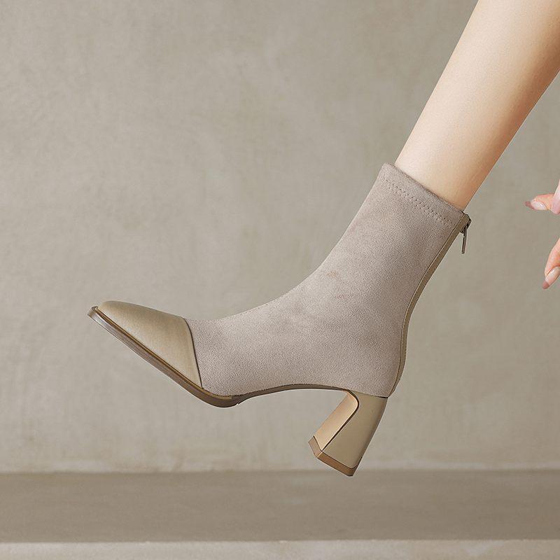 Krazing Pot Cow Skin Autumn Winter Shoes Square Toe Mixed Color Thick High Heels Zipper Chelsea Boots Women Stretch Ankle Boots