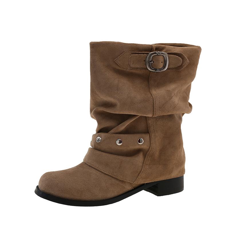 

New short boots suede round head thick sole thick heel high heel one pedal rivet belt buckle decorative female knight boots 41