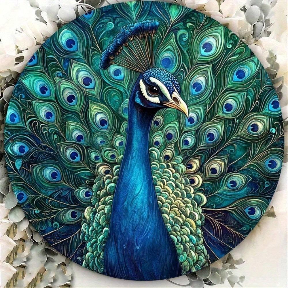 Vintage Peacock Metal Sign 8x8 Inch Round Aluminum Wall Art, Retro 2D Printed Decorative Plaque for Home Kitchen Garden Garage Decor